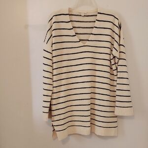 Eileen Fisher Cream and Black Striped V-Neck Sweater